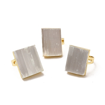 Natural Selenite Rectangle Adjustable Ring, Golden Brass Wide Ring for Men Women, Lead Free & Cadmium Free, US Size 9(18.9mm)~US Size 12 3/4(22mm)