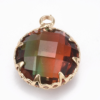 K9 Glass Pendants, Imitation Tourmaline, with Brass Findings, Faceted, Flat Round, Golden, Chocolate, 16x12.5x6.5mm, Hole: 1.5mm