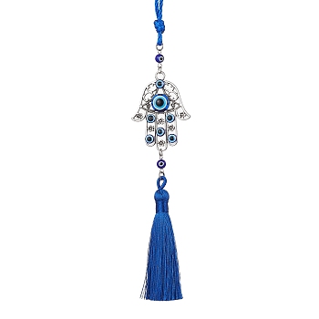 Hamsa Hand with Evil Eye Alloy & Resin Pendant Decorations, Braided Nylon Thread Tassel Hanging Ornaments, Blue, 288mm