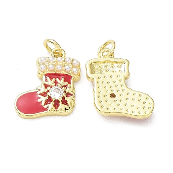 Brass & Cubic Zirconia & Plastic Imitation Pearl Pendants, Cadmium Free & Lead Free, Rack Plating, Christmas Theme, Christmas Socking with Snowflake Pattern, Real 18K Gold Plated, 18x14x3mm, Hole: 3mm