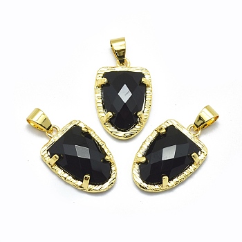 Natural Black Agate Pendants, with Brass Findings,  Faceted, Golden, Dyed & Heated, 22.5x14.5x5mm, Hole: 4x5.5mm