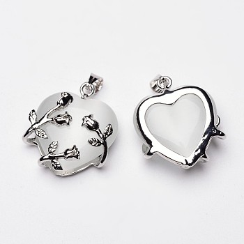 Valentine Idea for Her Gifts Cat Eye Pendants, with Brass Findings, Heart, Platinum Color, White, 25x21x9mm, Hole: 5x4mm