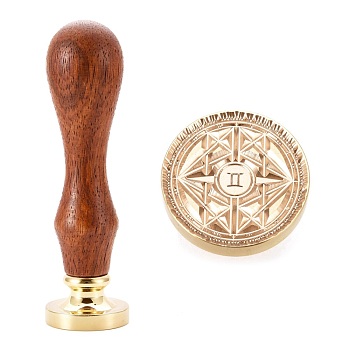 Brass Wax Sealing Stamp, with Rosewood Handle for Post Decoration DIY Card Making, Twelve Constellations, Gemini, 89.5x25.5mm
