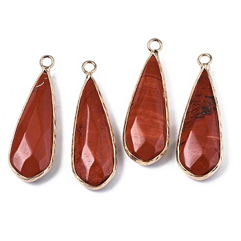 Natural Red Jasper Pendants, with Golden Plated Brass Edge and Loop, Teardrop, Faceted, 36~37x12x6mm, Hole: 2.5mm