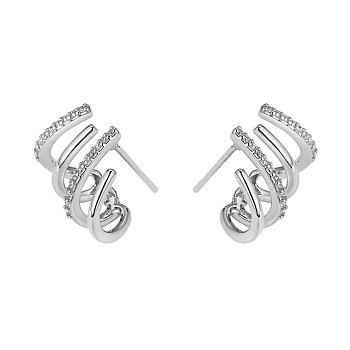 Crystal Rhinestone Claw Stud Earrings, Brass Jewelry for Women, Platinum, 12x16mm