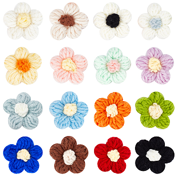 ARRICRAFT 32Pcs 16 Colors Handmade Cotton Knitting Ornament Accessories, for DIY Sewing Craft, Flower, Mixed Color, 41x5mm, 2pcs/color