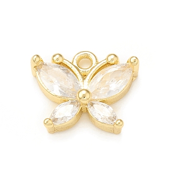 Clear Glass Pendnants, with Brass Findings, Butterfly Charms, Real 18K Gold Plated, 9.5x11x3mm, Hole: 1.2mm