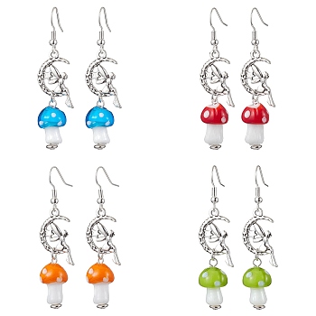 4 Pairs Mushroom Alloy and Lampwork Dangle Earring, with Brass Earring Findings, Mixed Color, 57x13mm