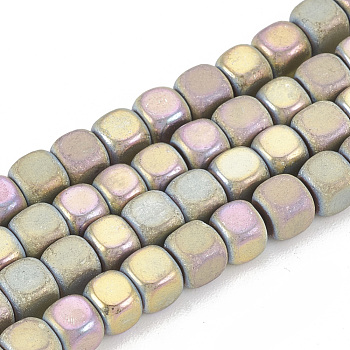 Electroplate Non-magnetic Synthetic Hematite Beads Strands, Half Matte Style, Cube, Rainbow Plated, 4x4x4mm, Hole: 1mm, about 100pcs/strand, 16.5 inch