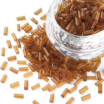 Transparent Glass Bugle Beads, Round Hole, Saddle Brown, 3~8x2mm, Hole: 0.7mm, about 450g/pound