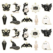20Pcs 10 Styles Alloy Enamel Pendants, Book with Bat & Cat with Skull & Skeleton, for Halloween, Light Gold, Black, 21~27x10~27x1~3mm, Hole: 2mm, 2pcs/style(ENAM-CJ0004-33)
