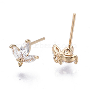 Brass Micro Cubic Zirconia Stud Earring Findings, with Loop, Real 18K Gold Plated, Nickel Free, Flower, Clear, 8x8mm, Hole: 1mm, Pin: 0.8mm(KK-N231-03-NF)