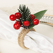 Christmas Plastic Napkin Rings, Wrapped with Jute Twines, with Artificial Pine Needles, Red, 45mm, Surface: 90mm, Inner Diameter: 35mm(XMAS-PW0001-283B)