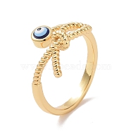 Enamel Evil Eye with Knot Open Cuff Ring with Clear Cubic Zirconia, Real 18K Gold Plated Brass Jewelry for Women, Cadmium Free & Lead Free, Midnight Blue, US Size 5 1/4(15.9mm)(RJEW-P032-44G)