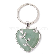 Natural Green Aventurine & Brass Heart Pendant Keychains, with Iron Split Key Rings, 7cm, Pendants: 36x33x10mm(KEYC-JKC00658-01)