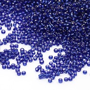 (Repacking Service Available) 12/0 Glass Seed Beads, Silver Lined Round Hole, Round, Blue, 2mm, Hole: 1mm, about 12G/bag(SEED-C014-2mm-28)