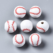 Painted Natural Wood European Beads, Large Hole Beads, Printed, Baseball, White, 16x15mm, Hole: 4mm(WOOD-S057-048)
