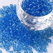 Glass Seed Beads, Transparent, Round, Deep Sky Blue, 6/0, 4mm, Hole: 1.5mm, about 4500 beads/pound(SEED-A004-4mm-3B)