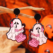 Cute White Ghost Stud Earrings, with Skeleton Head Tombstone Halloween Theme, Pink, 58x35mm(AU5426-2)