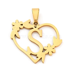 Ion Plating(IP) 201 Stainless Steel Pendants, Heart with Letter Charms, Golden, Letter S, 23x25x1.5mm, Hole: 7.5x3.5mm(STAS-N103-183G-S)