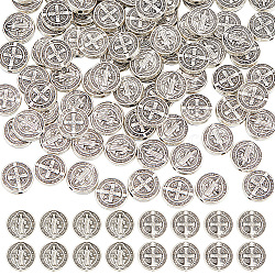100Pcs Tibetan Style Alloy Flat Round Beads, with Jesus and Latin Cross, For Easter, Lead Free & Cadmium Free, Antique Silver, 10x2.5mm, Hole: 1mm(TIBEB-HY0001-08)