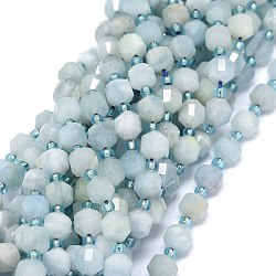 Natural Aquamarine Beads Strands, with Seed Beads, Faceted, Bicone, Double Terminated Point Prism Beads, 5~7x6mm, Hole: 0.8mm, about 48pcs/strand, 15.55 inch(39.5cm)(G-O201B-33)