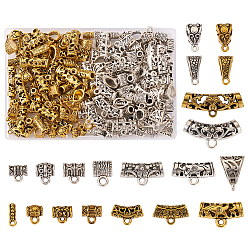 Pandahall 200Pcs 20 Style Tibetan Style Alloy Loop Bails, Bail Beads, Hollow Curved Tube & Column & Triangle & Heart & Barrel, Antique Silver & Antique Golden, 6~14x7~25.5x5~7.5mm, Hole: 1.4~5mm, 10Pcs/style(FIND-TA0002-35)