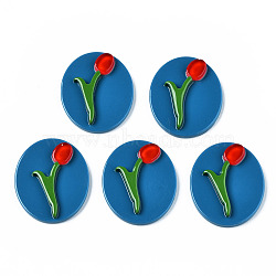 Opaque Acrylic & Resin Cabochons, Oval with Flower, Marine Blue, 30x25x5mm(KY-Q058-018)