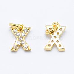 Brass Micro Pave Grade AAA Cubic Zirconia Charms, Letter X, Cadmium Free & Nickel Free & Lead Free, Real 18K Gold Plated, 8x6x1.5mm, Hole: 2mm(ZIRC-P067-11G-X-NR)