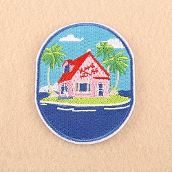 Computerized Embroidery Cloth Iron on/Sew on Patches, Costume Accessories, Appliques, Oval with House, Colorful, 71x55mm(X-DIY-F038-G04)