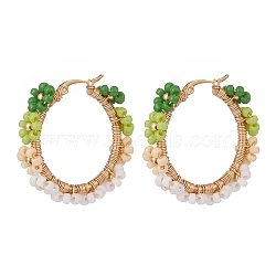 Glass Seed Braided Flower Hoop Earring, Gold Plated 304 Stainless Steel Wire Wrap Jewelry for Women, Green, 36x8.5mm, Pin: 0.7mm(EJEW-TA00118-03)