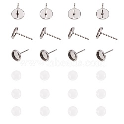 DIY Earring Making, with 304 Stainless Steel Stud Earring Components and Clear Glass Cabochons, Flat Round, Stainless Steel Color, 7.4x7.2x1.7cm(DIY-PH0020-27P)