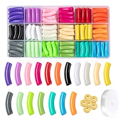 DIY Jewelry Making Kits, Including Curved Tube Opaque Acrylic Beads, Brass Spacer Beads, Elastic Crystal Thread, Mixed Color, Tube Beads: 180pcs/set(DIY-LS0003-81B)