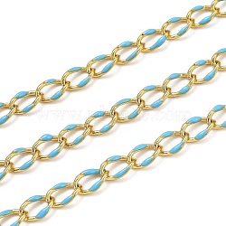 Brass Curb Chains, with Enamel, Spool, Long-Lasting Plated, Soldered, Golden, Deep Sky Blue, Link: 10.3x7x1.25mm(CHC-L039-46J-G)