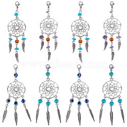 16Pcs 4 Styles Alloy Pendant Decorations, Woven Net/Web with Feather Charm, with Gemstone/Resin Beads and Brass Lobster Claw Clasps, Antique Silver and Platinum, 85.5~98mm, 4pcs/style(HJEW-SC0001-23)