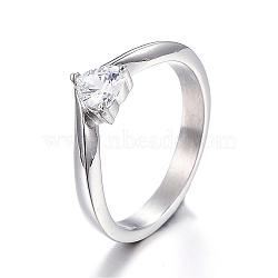 316 Surgical Stainless Steel Rings, Cubic Zirconia Solitaire Ring, Stainless Steel Color, 14~20mm(RJEW-F054-01P)