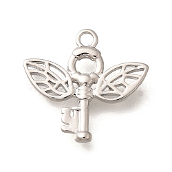 Brass Pendants, Wings Key Charms, Real Platinum Plated, 16x17x2.5mm, Hole: 1.6mm(KK-B127-05P)