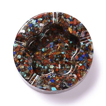 Resin with Natural Mixed Stone Chip Stones Ashtray, Home OFFice Tabletop Decoration, Flat Round with Flower, 104x32mm, Inner Diameter: 61x68mm