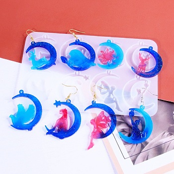 Moon with Animal/Fairy DIY Pendant Silicone Molds, Resin Casting Molds, for UV Resin, Epoxy Resin Jewelry Making, White, 97x153x4.5mm, Hole: 1.5~2mm, Inner Diameter: 38~50x31~38mm