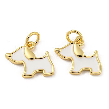 Brass Enamel Charms, with Jump Ring, Real 18K Gold Plated, Long-Lasting Plated, Cadmium Free & Lead Free, Dog Charm, White, 11.5x14.5x1.5mm, Hole: 3.4mm