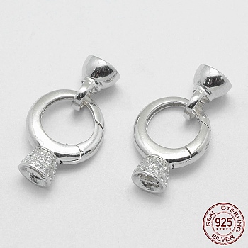 Rhodium Plated 925 Sterling Silver Key Clasps, with Cubic Zirconia, with 925 Stamp, Ring, Platinum, 27x15x6.5mm, Hole: 2mm