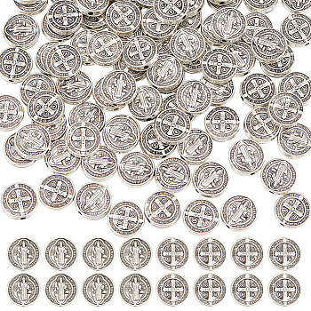 100Pcs Tibetan Style Alloy Flat Round Beads, with Jesus and Latin Cross, For Easter, Lead Free & Cadmium Free, Antique Silver, 10x2.5mm, Hole: 1mm