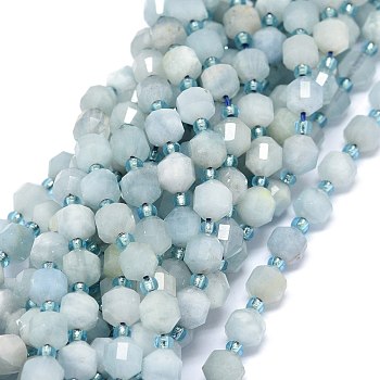 Natural Aquamarine Beads Strands, with Seed Beads, Faceted, Bicone, Double Terminated Point Prism Beads, 5~7x6mm, Hole: 0.8mm, about 48pcs/strand, 15.55 inch(39.5cm)