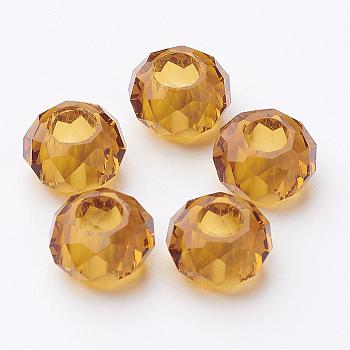 Fascinating No Metal Core Rondelle Gold Charm Glass Large Hole European Beads Fits Bracelets & Necklaces, about 14mm in diameter, 8mm thick, hole: 5mm