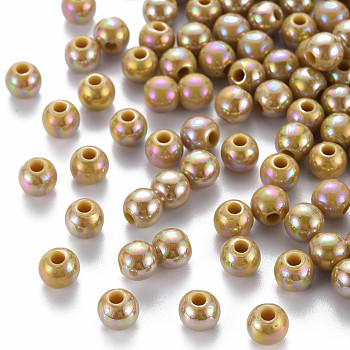 Opaque Acrylic Beads, AB Color Plated, Round, Dark Goldenrod, 6x5mm, Hole: 1.8mm, about 4400pcs/500g