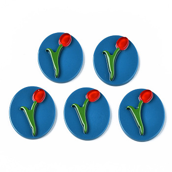 Opaque Acrylic & Resin Cabochons, Oval with Flower, Marine Blue, 30x25x5mm