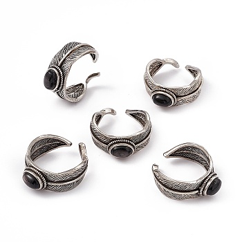 Feather Natural Hypersthene Cuff Rings, Antique Silver Tone Brass Open Rings for Women, 1.2~9mm, Inner Diameter: 18mm