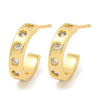 Rack Plating C-Shaped Brass Micro Pave Clear Cubic Zirconia Stud Earrings, Cadmium Free & Lead Free, Long-Lasting Plated, Real 18K Gold Plated, 14x3mm