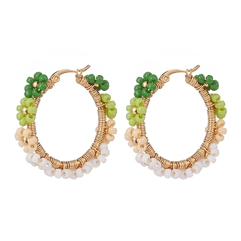 Glass Seed Braided Flower Hoop Earring, Gold Plated 304 Stainless Steel Wire Wrap Jewelry for Women, Green, 36x8.5mm, Pin: 0.7mm