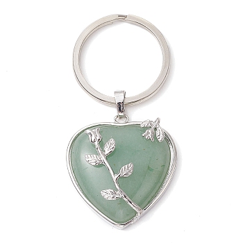 Natural Green Aventurine & Brass Heart Pendant Keychains, with Iron Split Key Rings, 7cm, Pendants: 36x33x10mm